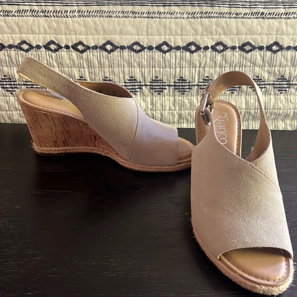 Franco Sarto tan espadrilles, tan leather uppers, cork wedges. Like new! Size 6.